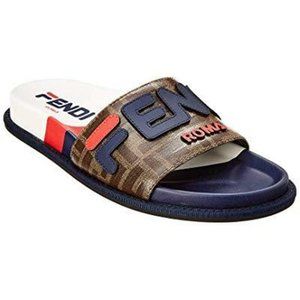 Fendi Mania Logo Printed Flat Leather Rubber Pool Sandals Slides Shoes